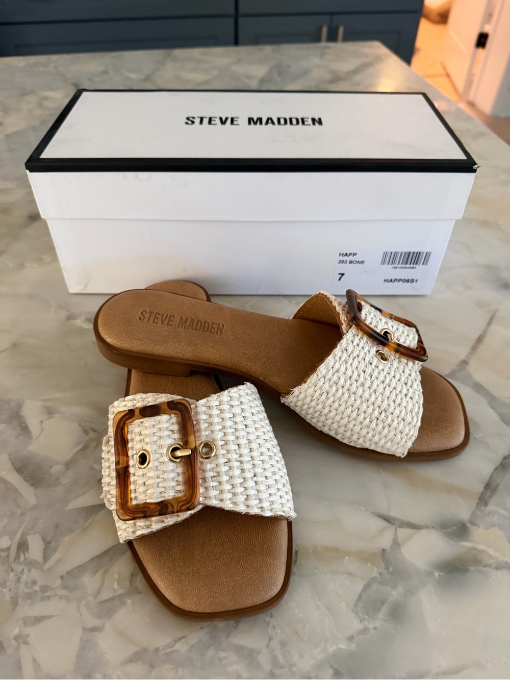 Steve Madden Harp Bone Woven Slide Sandals with Tortoiseshell Buckle